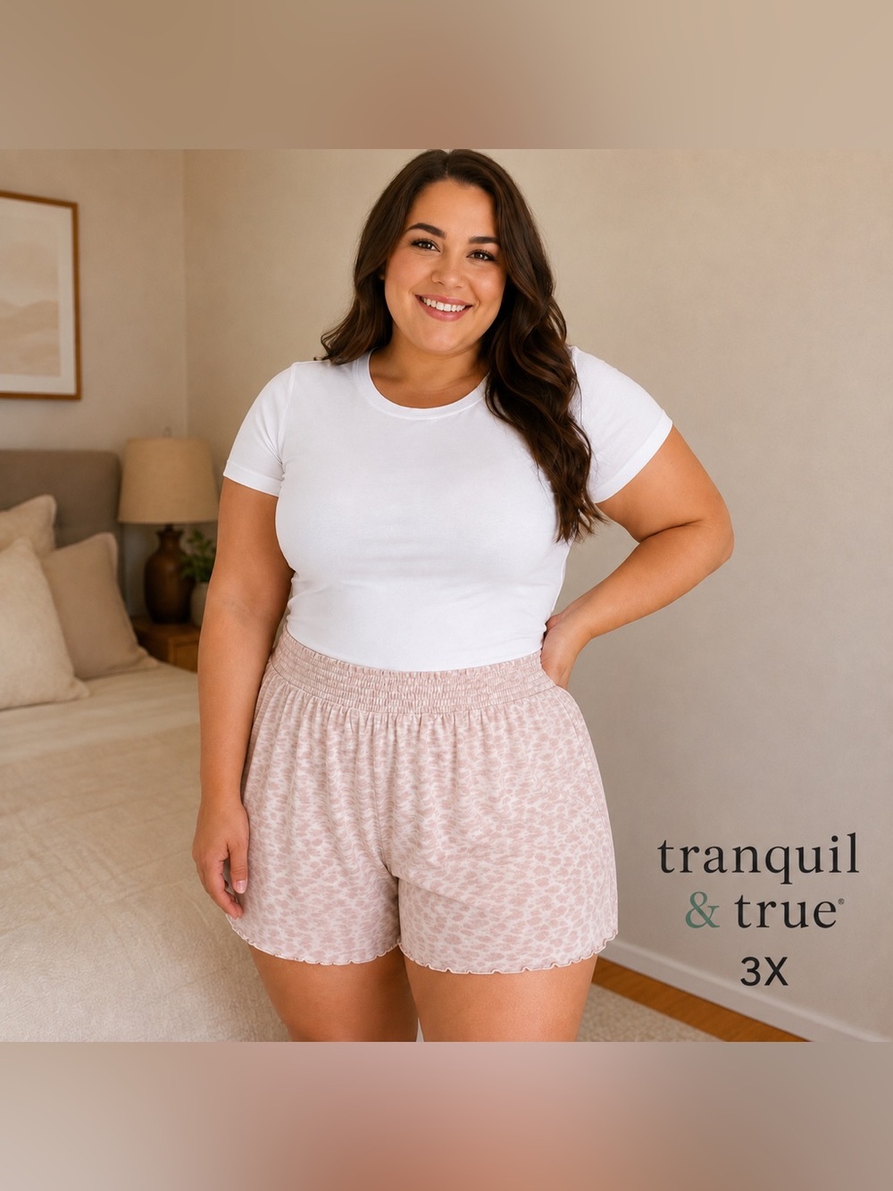 Tranquil & True 3X Blush Animal Print Lounge Shorts Soft Smocked Waist Cozy